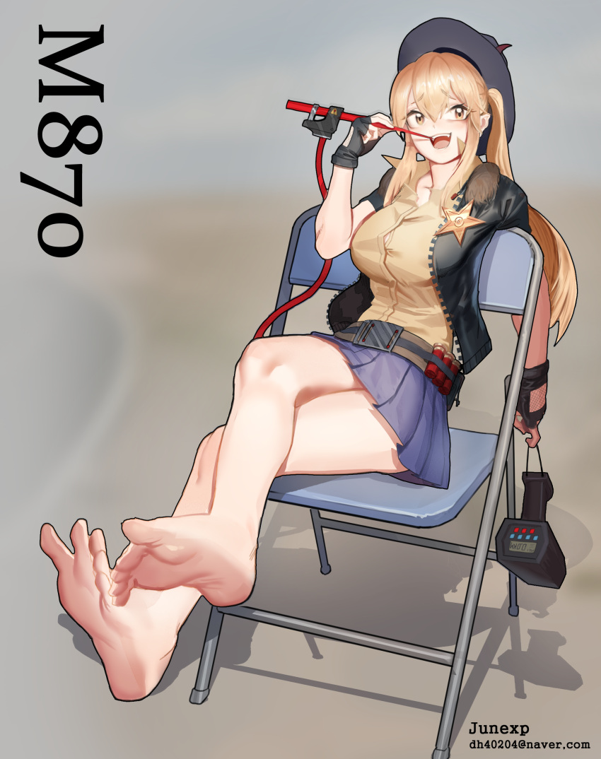 1girl absurdres artist_name badge barefoot belt black_gloves blonde_hair breasts buttons chair character_name collarbone collared_shirt commentary english_commentary feet fingerless_gloves folding_chair fur-trimmed_jacket fur_trim girls_frontline gloves hat highres jacket junexp large_breasts leather leather_jacket long_hair m870_(girls_frontline) on_chair open_clothes open_jacket open_mouth pleated_skirt sharp_teeth sheriff_badge shirt shotgun_shells sidelocks sitting skirt smile soles solo teeth toes toothpick twintails yellow_eyes