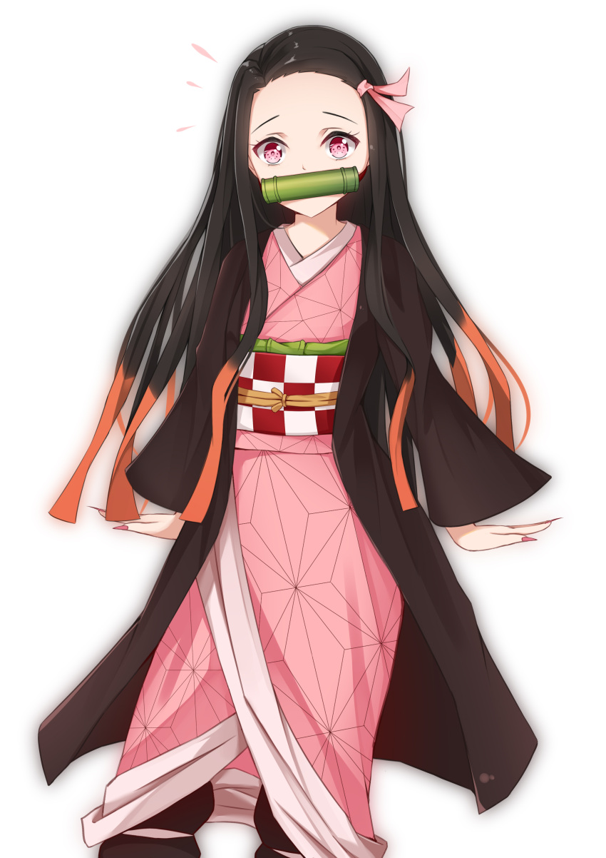 1girl absurdres bamboo bit_gag black_hair commentary_request fingernails forehead gag hair_ribbon highres japanese_clothes kamado_nezuko kimetsu_no_yaiba kimono long_hair long_sleeves looking_at_viewer mouth_hold multicolored_hair pink_eyes pink_kimono pink_nails pink_ribbon ribbon simple_background solo tming very_long_hair white_background