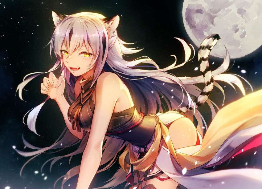 1girl animal_ears bare_shoulders black_hair blush breasts cat_ears cat_tail eyebrows_visible_through_hair fang fate/grand_order fate_(series) full_moon grey_hair hair_between_eyes long_hair moon multicolored_hair nagao_kagetora_(fate) night night_sky open_mouth paw_pose shiobana shirt sidelocks sky sleeveless sleeveless_shirt small_breasts solo star_(sky) starry_sky tail thigh-highs two-tone_hair very_long_hair yellow_eyes