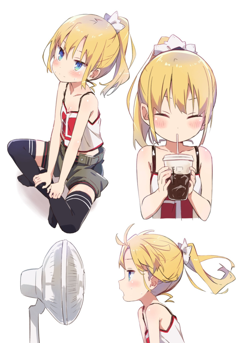 1girl alternate_hairstyle amaryllis_gumi bangs black_legwear black_shorts blonde_hair blush camisole closed_eyes closed_mouth commentary_request cup disposable_cup drinking drinking_straw electric_fan eyebrows_behind_hair fanning_face green_shorts high_ponytail highres holding holding_cup kotohara_hinari multiple_views no_shoes ponytail profile puffy_shorts short_shorts shorts shorts_under_shorts sitting sweat tama_(tama-s) thigh-highs virtual_youtuber white_background white_camisole