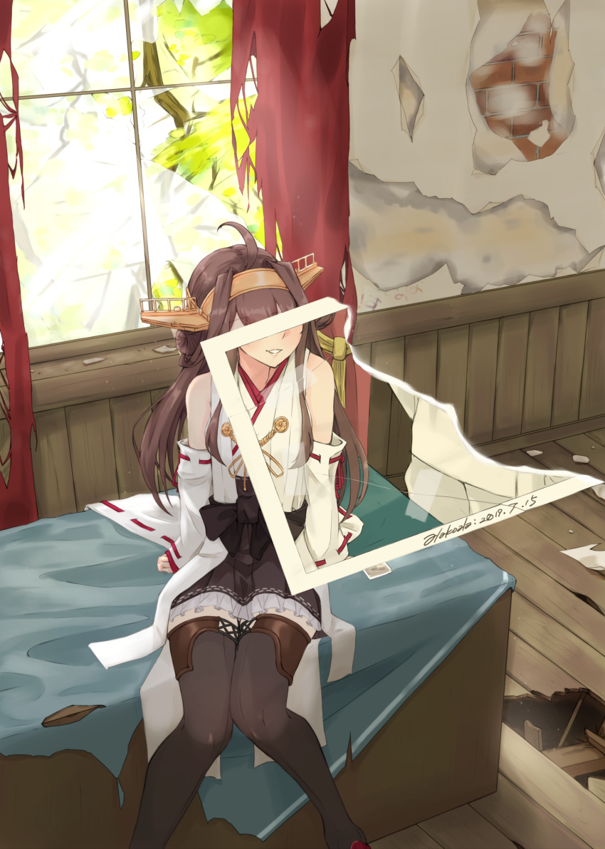 1boy 1girl 2019 absurdres admiral_(kantai_collection) ahoge alakoala_shoushou artist_name bangs bare_shoulders black_legwear black_sash black_skirt breasts brick_wall broken_glass brown_hair crack cracked_floor cracked_wall curtains dated desk detached_sleeves double_bun eyebrows_visible_through_hair frilled_skirt frills glass glass_shards graffiti hair_between_eyes hair_ornament hair_over_one_eye hairband headgear highres indoors japanese_clothes jewelry kantai_collection kongou_(kantai_collection) long_sleeves looking_at_viewer military military_uniform naval_uniform nontraditional_miko obi parted_lips photo_(object) pleated_skirt red_ribbon remodel_(kantai_collection) ribbon ribbon-trimmed_sleeves ribbon_trim ring ruins sash sitting skirt smile solo thigh-highs torn_clothes tree uniform violet_eyes wall wedding_band white_ribbon wide_sleeves window wooden_floor wooden_wall