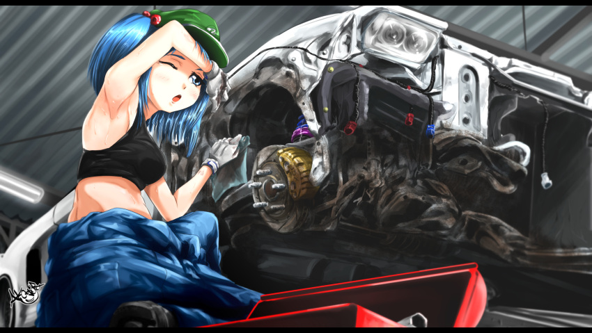 1girl ;o akeyoru arm_up armpits bare_arms bare_shoulders black_footwear black_shirt blue_eyes blue_hair blue_pants breasts cabbie_hat car clothes_around_waist commentary_request crop_top gloves green_headwear grey_gloves ground_vehicle hair_bobbles hair_ornament hat highres indoors jacket_around_waist kawashiro_nitori kneeling letterboxed medium_breasts midriff motor_vehicle one_eye_closed open_mouth pants shirt shoes short_hair signature sleeveless sleeveless_shirt solo sweat toolbox touhou two_side_up