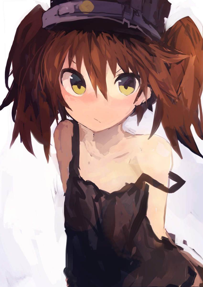 1girl absurdres arms_behind_back bangs bare_shoulders black_camisole blush brown_hair camisole flat_chest hair_between_eyes hat highres kaamin_(mariarose753) kantai_collection looking_at_viewer ryuujou_(kantai_collection) solo twintails v-shaped_eyebrows white_background yellow_eyes