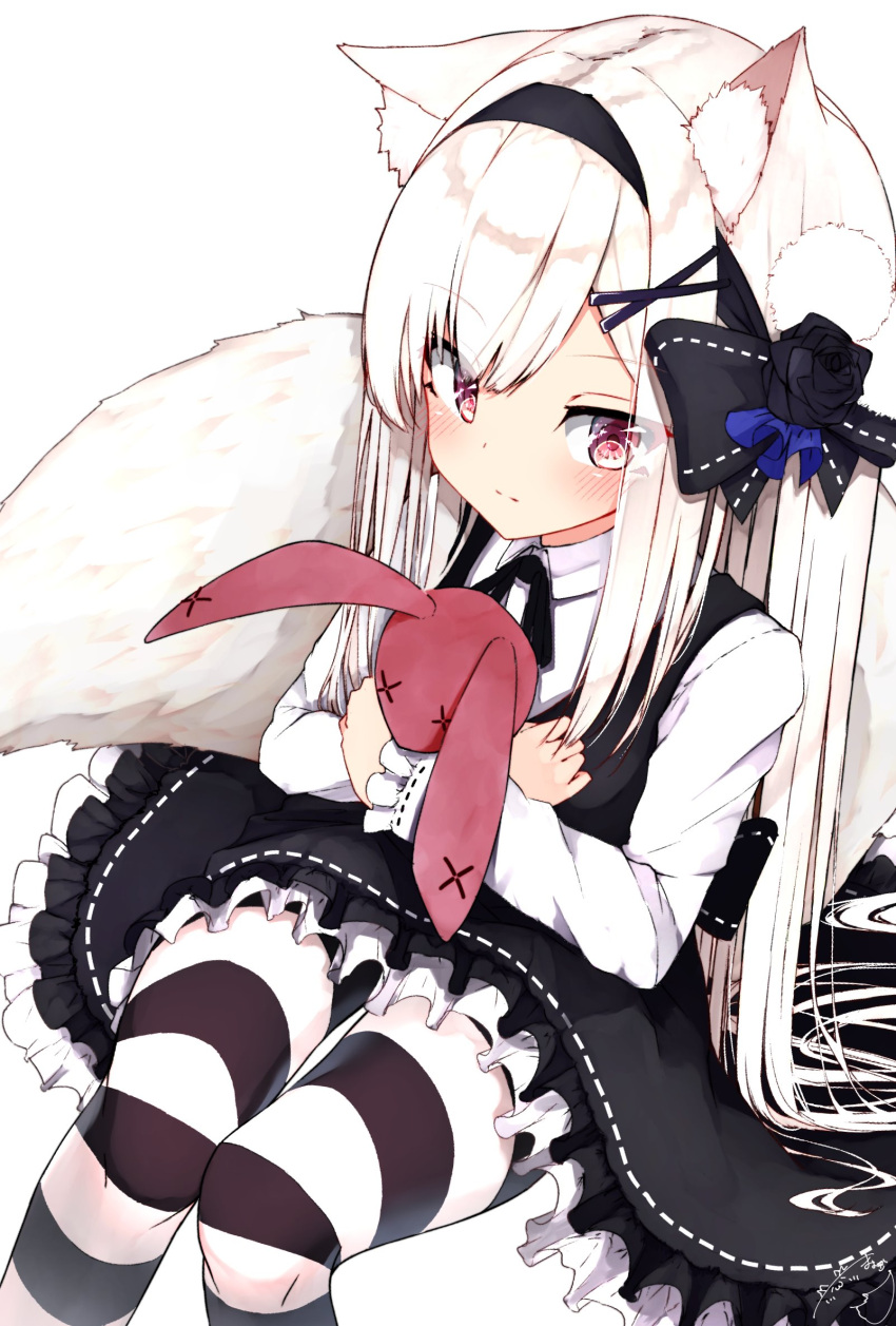 1girl animal_ear_fluff animal_ears bangs black_bow black_dress black_flower black_hairband black_rose bow closed_mouth collared_shirt commentary_request dress eyebrows_visible_through_hair flower fox_ears fox_girl fox_tail frilled_dress frills hair_bow hair_flower hair_ornament hairband highres long_hair long_sleeves looking_at_viewer mayogii object_hug original pantyhose red_eyes ribbon-trimmed_dress ribbon-trimmed_sleeves ribbon_trim rose shirt sitting sleeves_past_wrists solo striped striped_legwear stuffed_animal stuffed_bunny stuffed_toy tail very_long_hair white_hair white_shirt