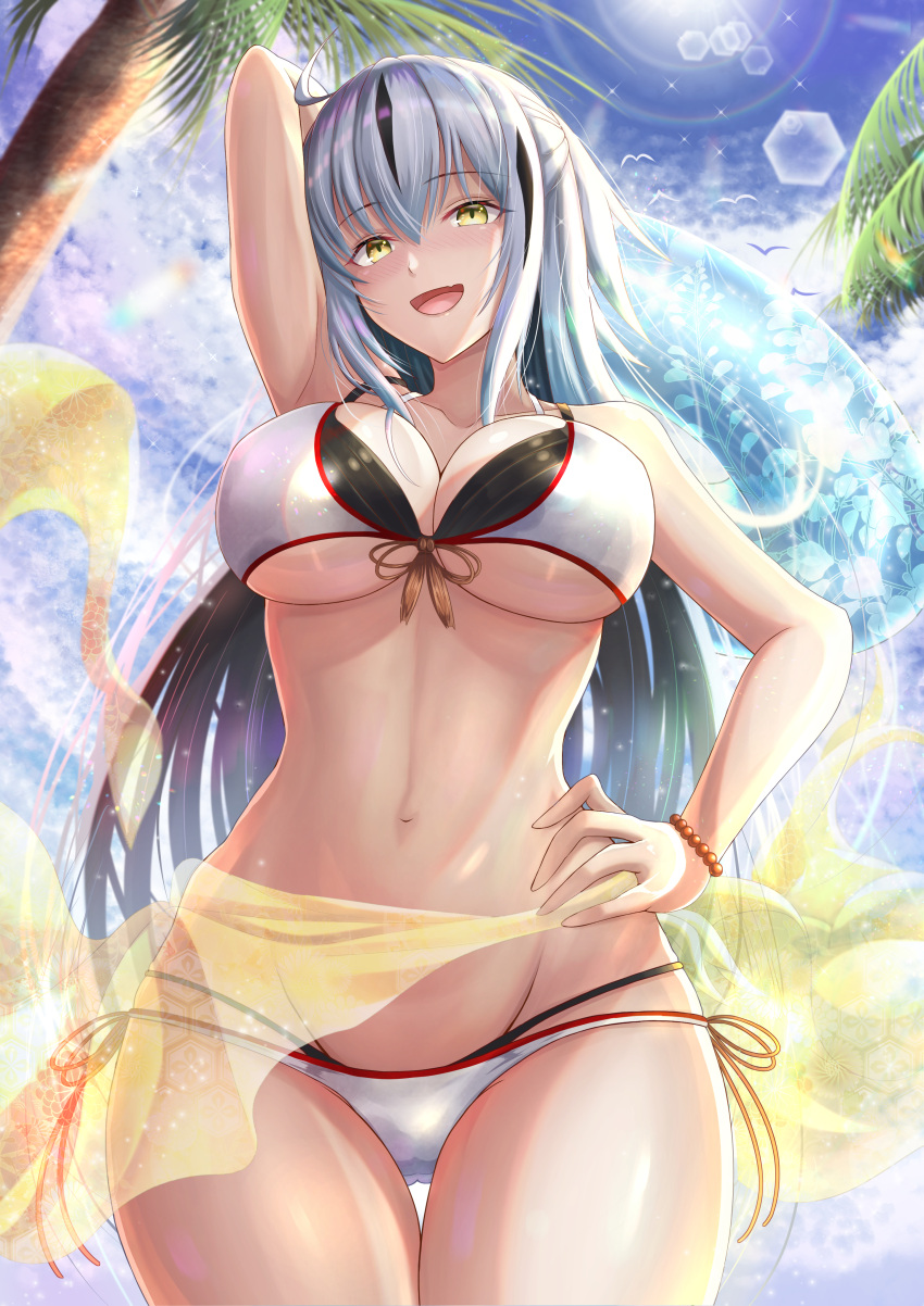 1girl :d absurdres arm_up bangs bikini bird black_hair blue_sky blush breasts clouds cowboy_shot day eyebrows_visible_through_hair fate/grand_order fate_(series) grey_hair hair_between_eyes hand_on_hip highres long_hair looking_at_viewer multicolored_hair nagao_kagetora_(fate) navel open_mouth outdoors palm_tree penguintake sarong sky smile solo stomach streaked_hair swimsuit tree two-tone_hair very_long_hair white_bikini white_hair yellow_eyes