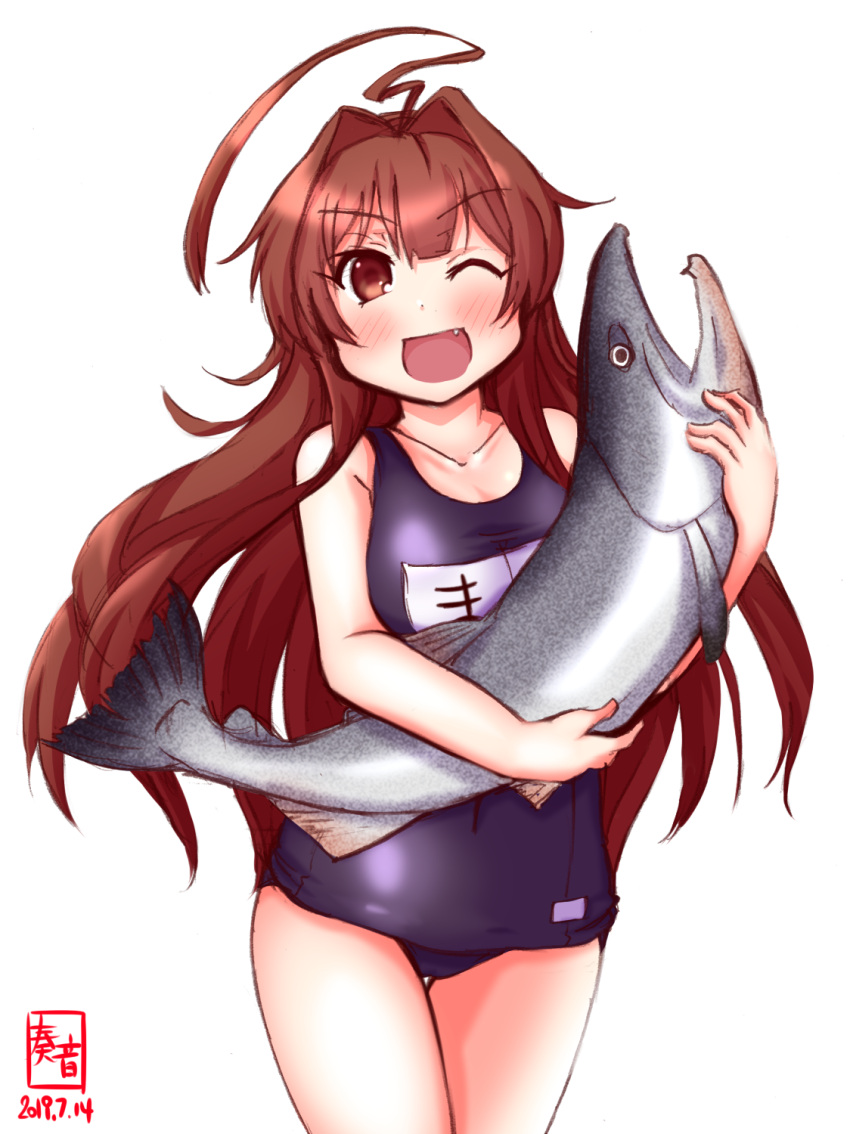 1girl 1other ahoge alternate_costume artist_logo blue_swimsuit brown_eyes brown_hair collarbone commentary_request covered_navel dated fang fish highres huge_ahoge kanon_(kurogane_knights) kantai_collection kuma_(kantai_collection) long_hair name_tag one_eye_closed open_mouth salmon school_swimsuit simple_background smile standing swimsuit thigh_gap white_background