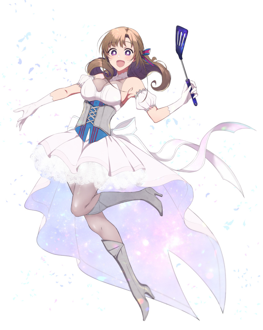 1girl :d bare_shoulders boots braid breasts brown_hair commentary_request corset curly_hair detached_sleeves dress eyebrows_visible_through_hair full_body gloves hair_ribbon high_heel_boots high_heels highres knee_boots large_breasts long_hair looking_at_viewer oosuki_mamako open_mouth outstretched_arm pochi_(pochi-goya) puffy_detached_sleeves puffy_sleeves ribbon simple_background smile solo spatula tsuujou_kougeki_ga_zentai_kougeki_de_ni-kai_kougeki_no_okaasan_wa_suki_desu_ka? violet_eyes white_background white_dress white_gloves