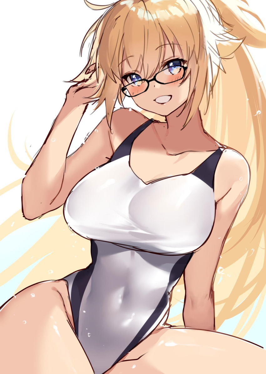 1girl bare_shoulders blonde_hair blue_eyes blush breasts collarbone covered_navel eyebrows_visible_through_hair fate/grand_order fate_(series) glasses grin hair_between_eyes hamada_pochiwo highres jeanne_d'arc_(fate)_(all) jeanne_d'arc_(swimsuit_archer) large_breasts long_hair looking_at_viewer ponytail simple_background smile solo swimsuit thighs white_background