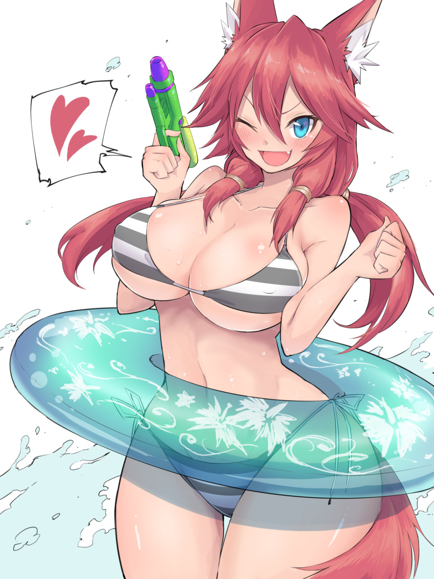 1girl :d animal_ear_fluff animal_ears bikini blue_eyes blush breasts covered_nipples cowboy_shot fang firo_(shun_soku) hair_between_eyes hair_over_shoulder heart highres innertube large_breasts long_hair one_eye_closed open_mouth original quad_tails redhead shun_soku side-tie_bikini smile spoken_heart striped striped_bikini swimsuit tail water water_gun white_background wide_hips