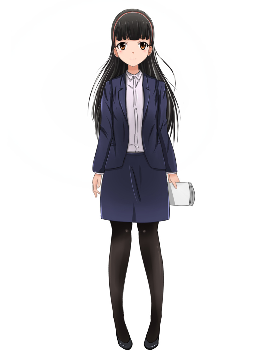 1girl arms_at_sides bangs black_footwear black_legwear blazer blue_suit blunt_bangs brown_eyes full_body hairband highres hinamatsuri_(manga) jacket kyer0704 light_smile long_hair long_sleeves looking_at_viewer mishima_hitomi office_lady pantyhose papers pencil_skirt red_hairband shirt skirt solo standing white_background white_shirt