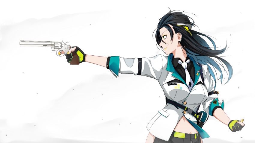 1girl aiming arm_belt black_hair black_shirt blue_hair colt_python dust earrings facing_viewer girls_frontline gloves gradient_hair green_eyes grin gun hair_ornament hakugin006 handgun highres holding holding_bullet holding_gun holding_weapon holster jacket jewelry lapel_pin lipstick long_hair looking_to_the_side makeup mullet multicolored_hair nail_polish navel no_mole outstretched_arm parted_lips partly_fingerless_gloves pelvic_curtain python_(girls_frontline) revolver shirt shorts smile smoke solo star_pin strap stud_earrings two-tone_gloves upper_body weapon white_jacket white_neckwear yellow_lipstick yellow_nails