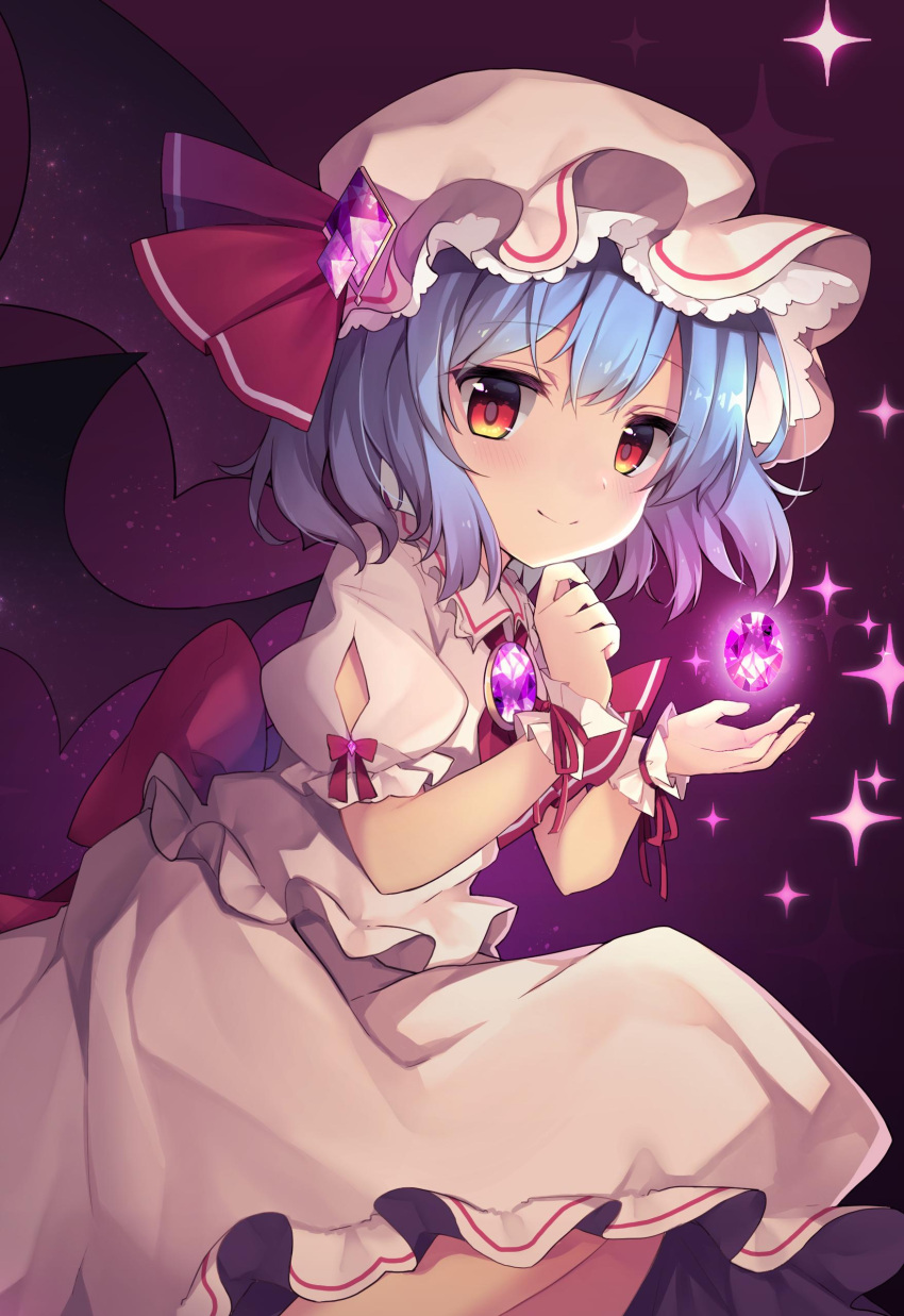 1girl absurdres bat_wings blue_hair blush bow brooch chin_stroking closed_mouth commentary_request dress eyebrows_visible_through_hair fang frilled_shirt frilled_shirt_collar frilled_sleeves frills hand_on_own_chin hat hat_ribbon highres jewelry looking_at_viewer mob_cap pink_dress puffy_short_sleeves puffy_sleeves red_bow red_eyes red_ribbon remilia_scarlet ribbon ruhika sash shirt short_hair short_sleeves smile solo star touhou wings wrist_cuffs