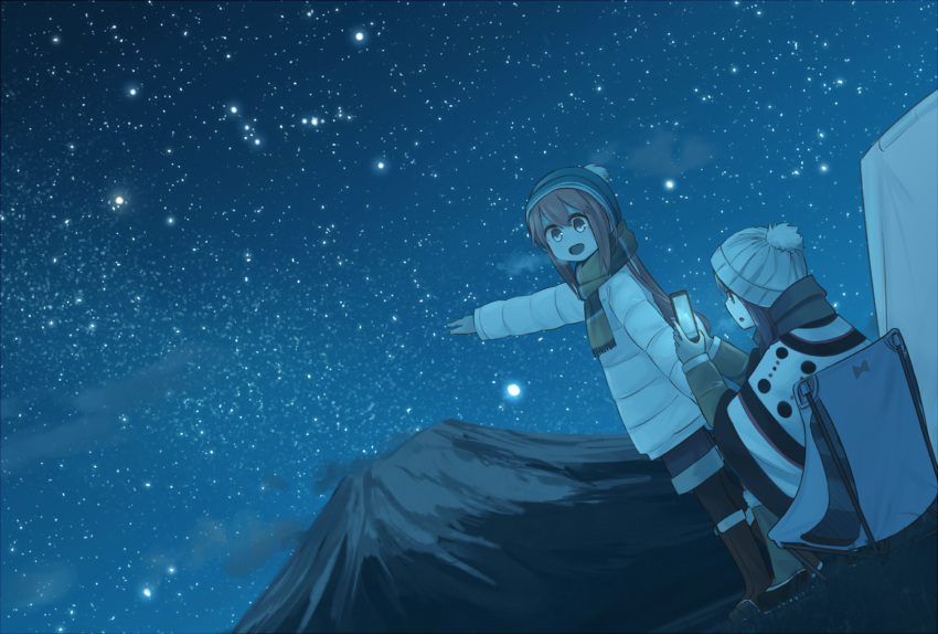 2girls beanie boots cellphone chair coat dark dutch_angle happy hat highres hinami047 kagamihara_nadeshiko long_hair looking_back mountain multiple_girls night night_sky pantyhose phone pointing scarf shima_rin shorts sky smartphone smile star_(sky) starry_sky tent winter winter_clothes winter_coat yurucamp
