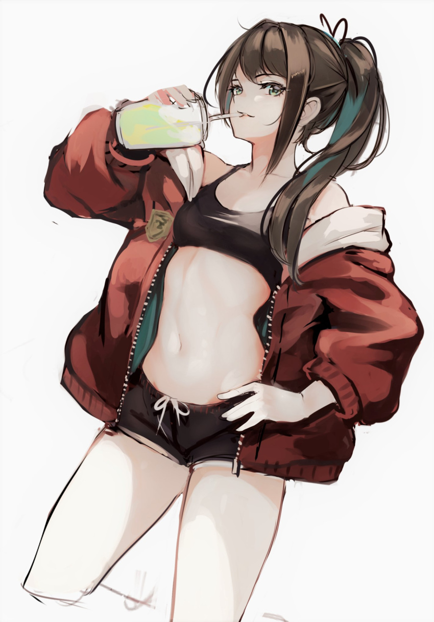 1girl bangs bare_shoulders black_ribbon black_shorts breasts brown_hair collarbone copyright_request crop_top cup disposable_cup drinking_straw eyebrows_visible_through_hair green_eyes grey_background hair_ribbon hand_on_hip hand_up highres holding holding_cup homo_1121 jacket long_hair long_sleeves off_shoulder open_clothes open_jacket ponytail puffy_long_sleeves puffy_sleeves red_jacket ribbon short_shorts shorts sidelocks simple_background sketch small_breasts solo