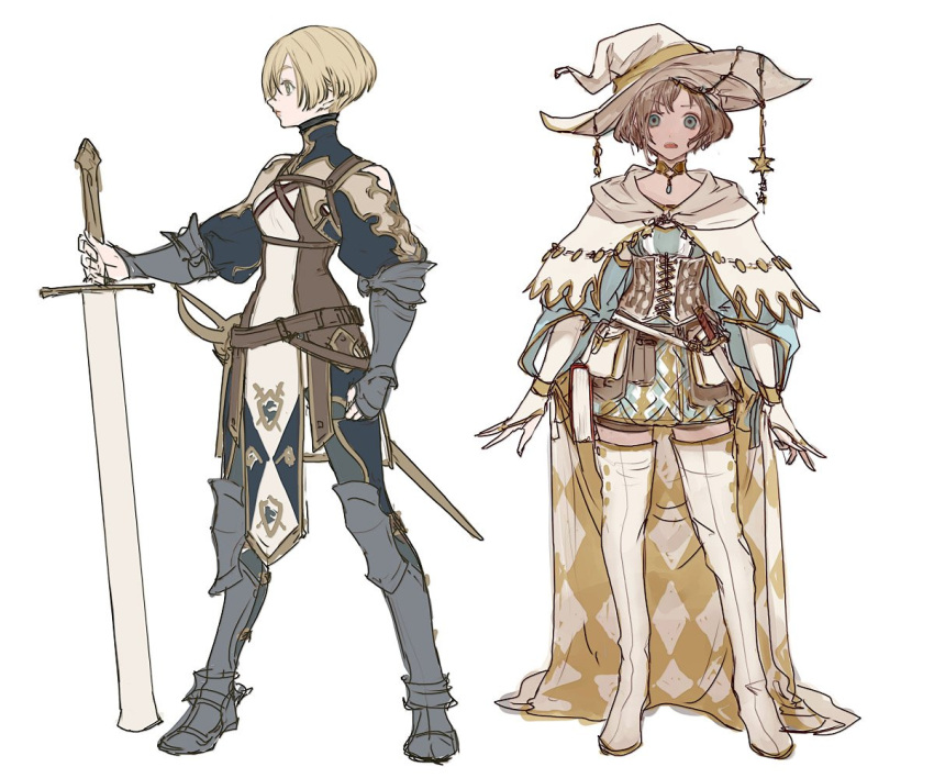 2girls armor belt belt_pouch blonde_hair book boots collar corset dagger gloves green_eyes high_collar multiple_girls original pelvic_curtain pointy_hat pouch soft_men standing sword thigh-highs thigh_boots underbust weapon white_headwear