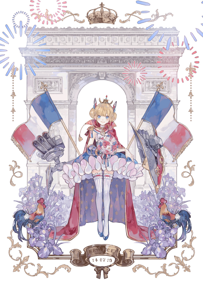 1girl absurdres arc_de_triomphe azur_lane bangs bastille_day blonde_hair blue_eyes blush breasts cape epaulettes fireworks french_flag gauntlets hair_ornament highres holding le_triomphant_(azur_lane) looking_at_viewer paris sera1023 small_breasts smile solo striped striped_legwear thigh-highs