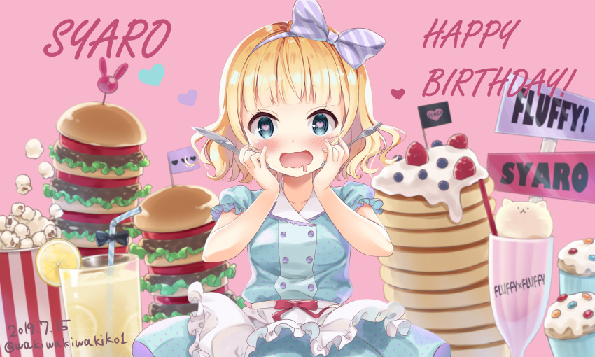 1girl absurdres apron bangs bendy_straw blonde_hair blue_eyes blue_shirt blue_skirt blush bow character_name collarbone commentary_request cup dated diagonal_stripes drink drinking_glass drinking_straw drooling eyebrows_visible_through_hair flag food fork frilled_apron frills gochuumon_wa_usagi_desu_ka? hair_bow hairband hamburger hands_on_own_face hands_up happy_birthday heart heart-shaped_pupils highres holding holding_fork holding_knife kirima_sharo knife mouth_drool neki_(wakiko) open_mouth pancake parfait pink_background polka_dot polka_dot_shirt polka_dot_skirt popcorn puffy_short_sleeves puffy_sleeves shirt short_sleeves simple_background skirt solo stack_of_pancakes striped striped_bow symbol-shaped_pupils tippy_(gochiusa) twitter_username waist_apron wavy_mouth white_apron