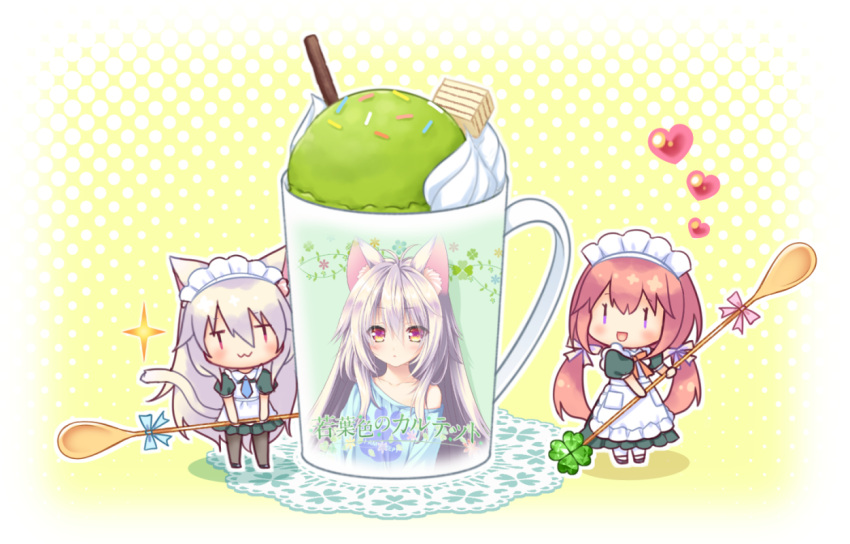 2girls :3 :d ai_(wakaba_iro_no_quartet) animal_ear_fluff animal_ears apron artist_name bangs bare_shoulders black_footwear black_legwear blue_neckwear blue_shirt blush cat_ears cat_girl cat_tail chibi collarbone cup doily dress eyebrows_visible_through_hair food green_dress hair_between_eyes heart holding holding_spoon ice_cream ice_cream_float long_hair low_twintails maid maid_apron maid_headdress moriya_hiyori mug multiple_girls necktie off_shoulder open_mouth pantyhose pleated_dress puffy_short_sleeves puffy_sleeves redhead ryuuka_sane shirt shoes short_necktie short_sleeves silver_hair smile sparkle spoon standing tail twintails very_long_hair violet_eyes wafer_stick wakaba_iro_no_quartet white_apron white_legwear |_|
