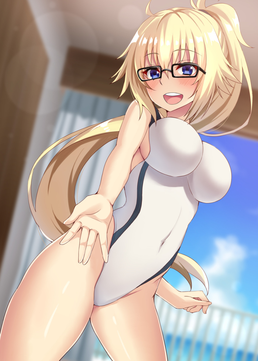 1girl bare_arms bare_shoulders blonde_hair blue_eyes blurry blurry_background blush breasts covered_navel day eyebrows_visible_through_hair fate/apocrypha fate_(series) glasses hair_between_eyes highres indoors jeanne_d'arc_(fate)_(all) jeanne_d'arc_(swimsuit_archer) large_breasts long_hair looking_at_viewer navel nishimura_pn ponytail solo swimsuit upper_teeth very_long_hair