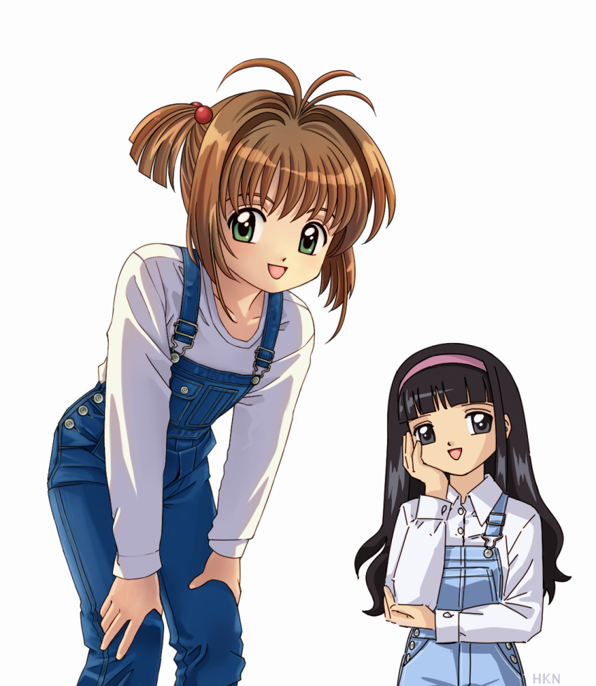 brown_hair cardcaptor_sakura daidouji_tomoyo green_eyes highres kinomoto_sakura overalls