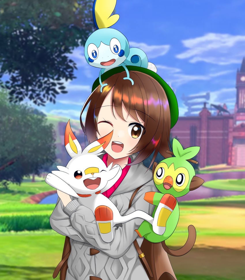 1girl ;d absurdres blue_sky blurry blurry_background brown_eyes brown_hair clouds collared_shirt female_protagonist_(pokemon_swsh) gen_8_pokemon green_headwear grey_cardigan grookey highres holding holding_pokemon hooded_cardigan long_sleeves looking_at_viewer one_eye_closed open_mouth outdoors pokemon pokemon_(creature) pokemon_(game) pokemon_on_head pokemon_on_shoulder pokemon_swsh red_shirt scorbunny shiny shiny_hair shirt short_hair sky smile sobble teamfor_k wing_collar