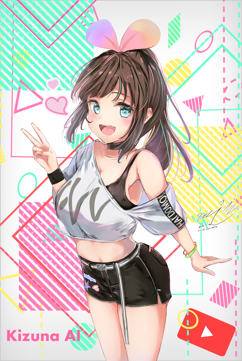 1girl :d a.i._channel absurdres bare_shoulders belt black_choker black_shorts blue_eyes breasts brown_hair character_name choker commentary_request cowboy_shot crossed_arms hand_up highres kizuna_ai large_breasts long_hair looking_at_viewer midriff multicolored_hair off_shoulder open_mouth shirt short_shorts shorts sidelocks smile solo standing streaked_hair sweatband teratsuki thighs v virtual_youtuber white_shirt