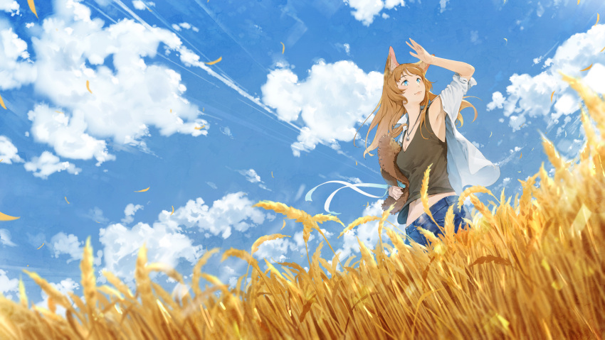 1girl animal_ears armpits blue_eyes cat_ears clouds denim dutch_angle floating_hair hand_up hat hat_removed headwear_removed highres jeans jewelry light_brown_hair lips looking_afar looking_to_the_side midriff navel necklace original outdoors pants pendant rural scenery sky solo somehira_katsu straw_hat tank_top wheat_field wind