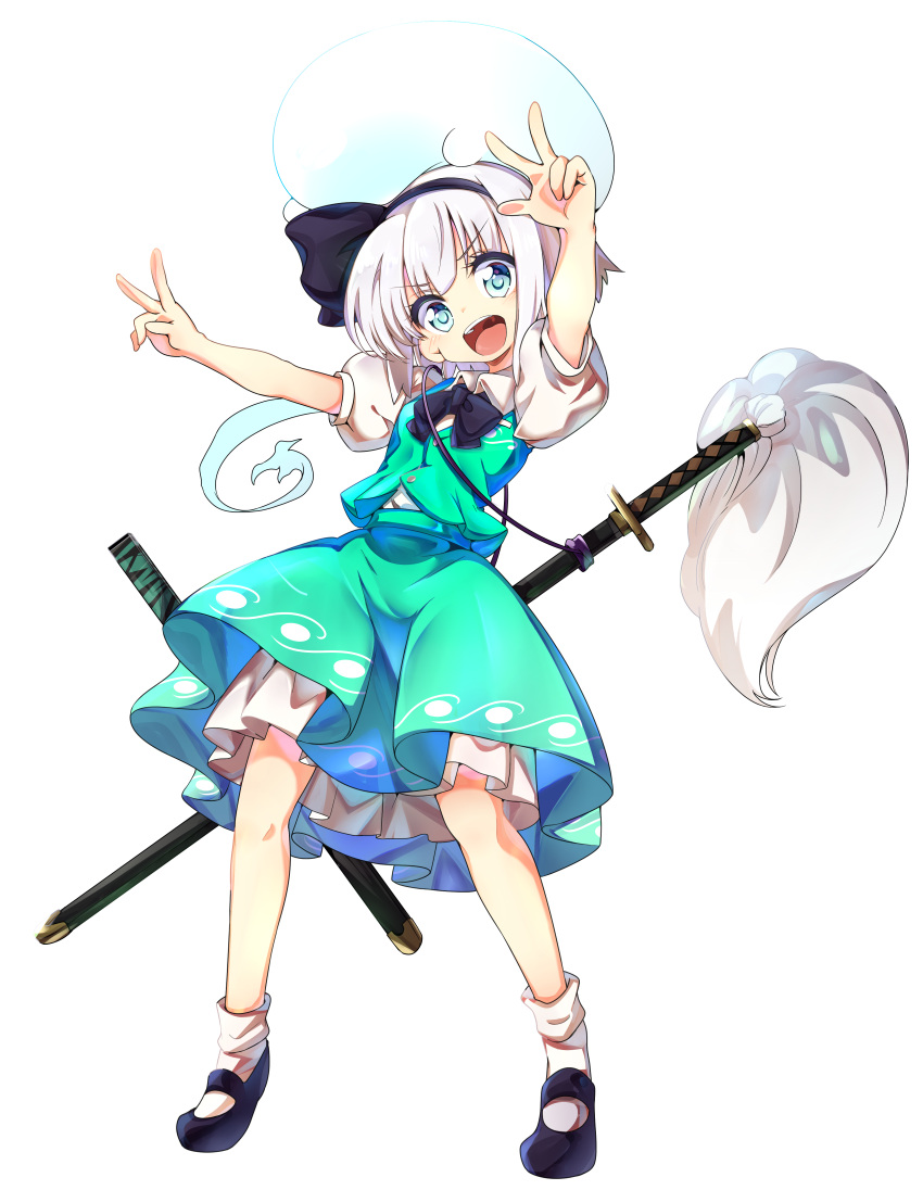 1girl :d absurdres aqua_eyes baba_(baba_seimaijo) black_bow black_hairband black_neckwear bow bowtie collared_shirt commentary_request double_v full_body green_skirt green_vest hairband highres hitodama katana konpaku_youmu konpaku_youmu_(ghost) looking_at_viewer mary_janes medium_hair ootachi open_mouth puffy_short_sleeves puffy_sleeves sheath sheathed shirt shoes short_sleeves silver_hair skirt smile socks sword touhou transparent_background underskirt v vest wakizashi weapon white_legwear white_shirt wily_beast_and_weakest_creature