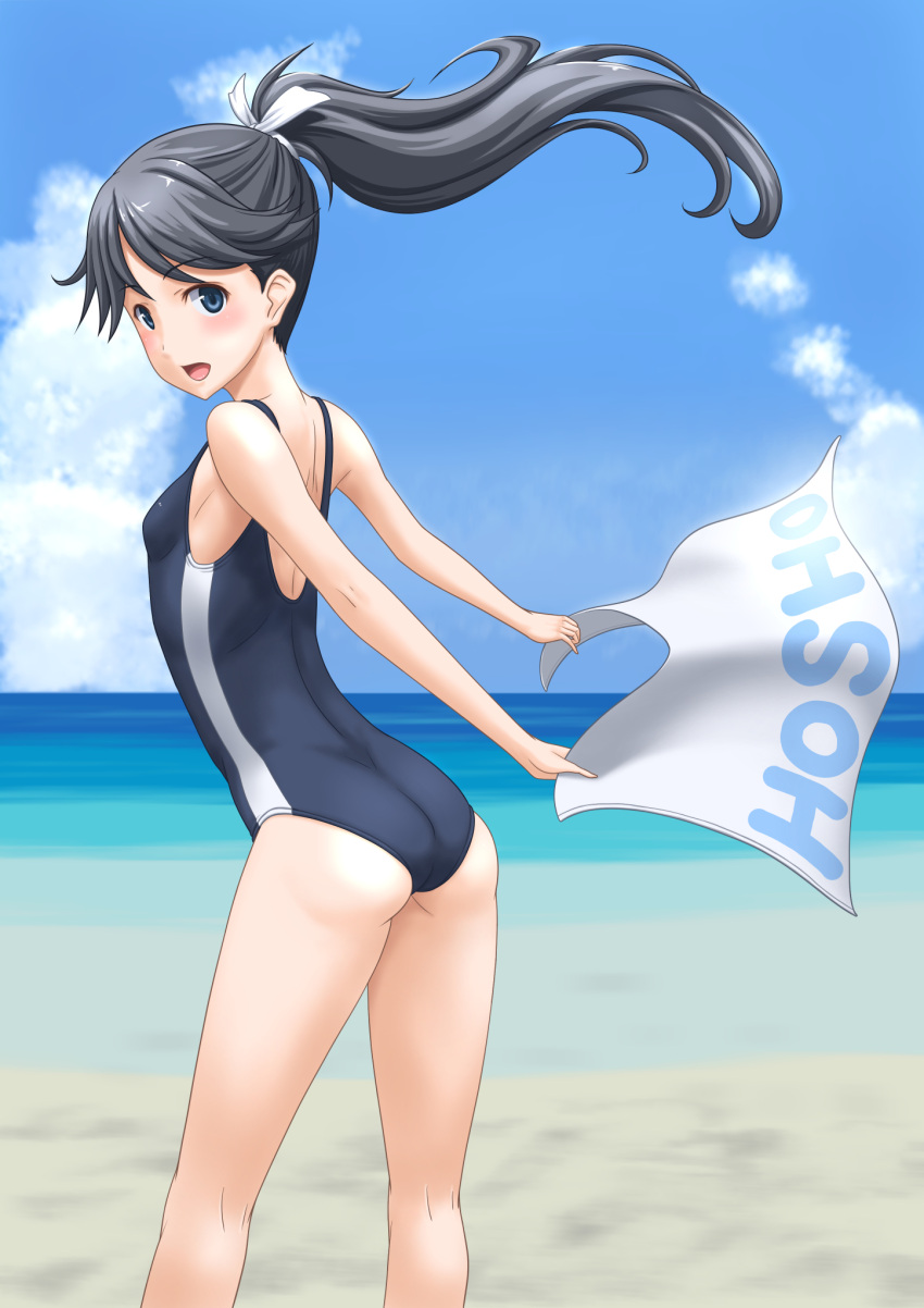 1girl ass beach black_eyes black_hair black_swimsuit blue_sky breasts character_name clouds commentary_request contrapposto day from_above high_ponytail highres horizon houshou_(kantai_collection) kantai_collection looking_at_viewer ocean open_mouth outdoors ponytail school_swimsuit sky small_breasts smile solo standing swimsuit t2r towel white_towel