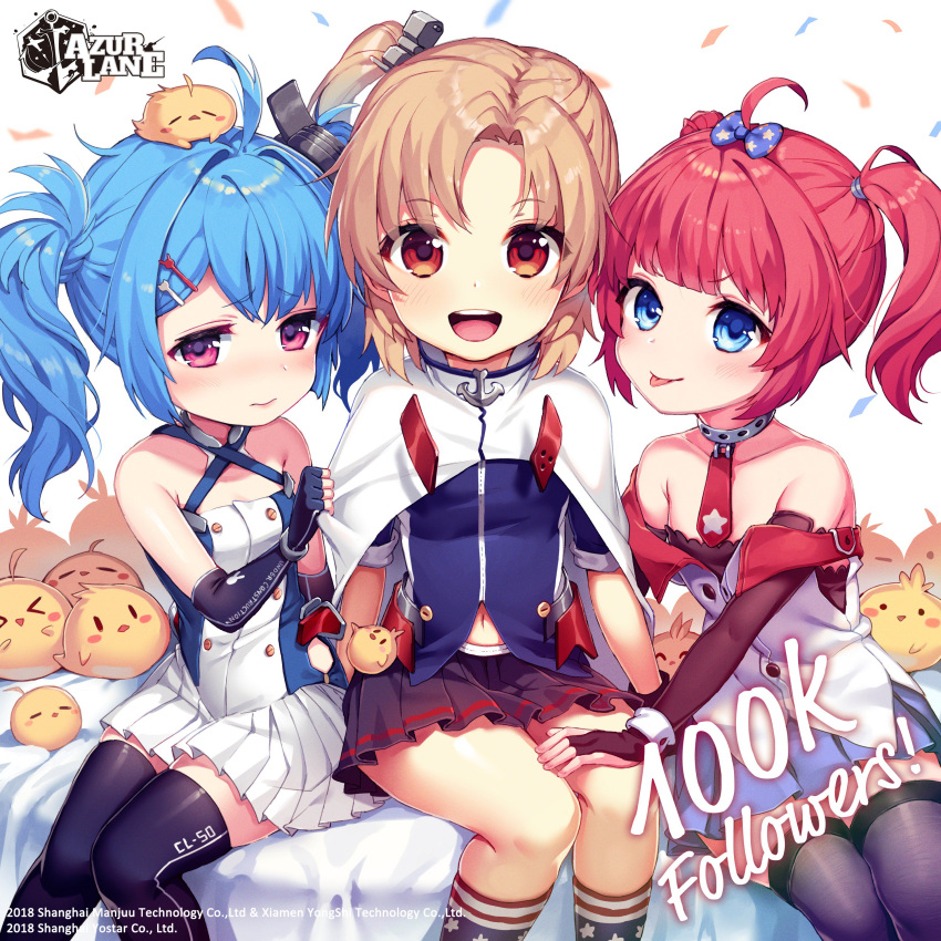 3girls :d :p absurdres ahoge azur_lane bangs bare_shoulders black_gloves blonde_hair blue_eyes blue_hair blue_jacket blush bow cape capelet cleveland_(azur_lane) clothes_tug detached_sleeves dress elbow_gloves eyebrows_visible_through_hair fingerless_gloves gloves hair_between_eyes hair_bow hair_ornament helena_(azur_lane) highres jacket logo long_hair looking_at_viewer manjuu_(azur_lane) miniskirt multiple_girls necktie official_art one_side_up open_mouth parted_bangs pleated_skirt red_eyes redhead san_diego_(azur_lane) satchely shirt short_hair sitting skirt smile thigh-highs tongue tongue_out twintails violet_eyes watermark younger