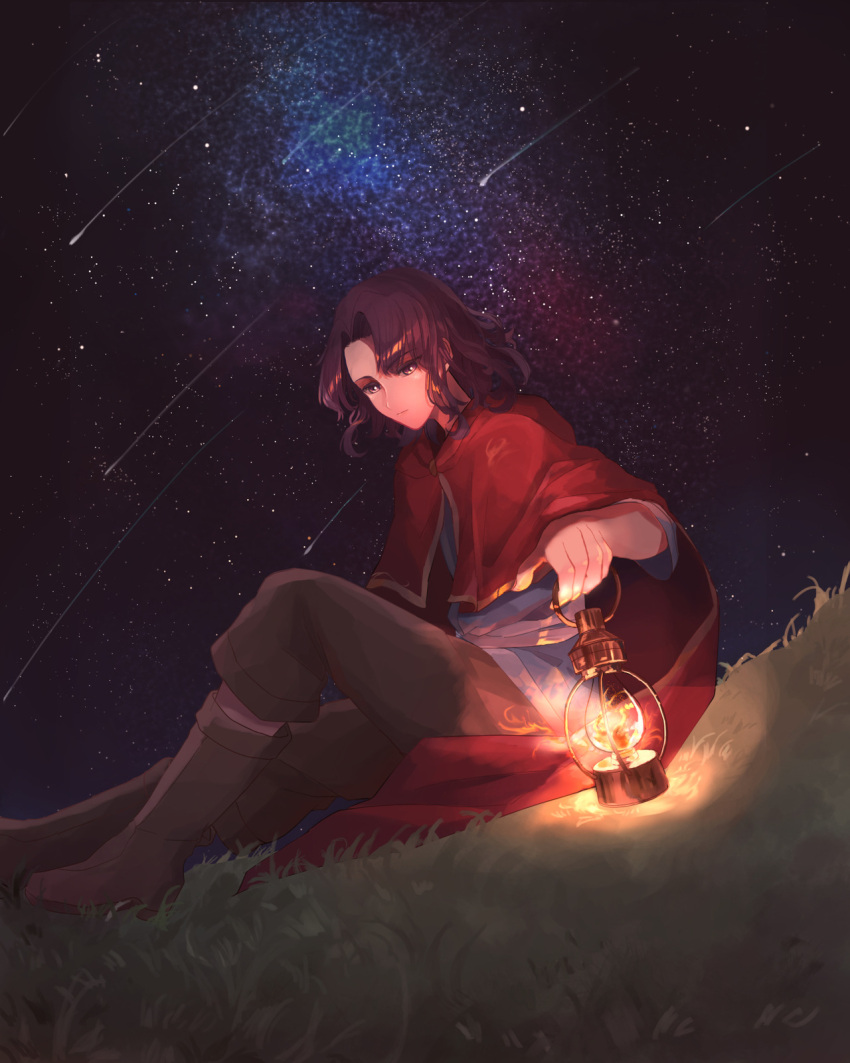 blue_shirt boots brown_pants cape erk fire fire_emblem grass highres hill lantern pants purple_hair red_cape shirt shooting_star sitting sky star_(sky) starry_sky tawashi-san