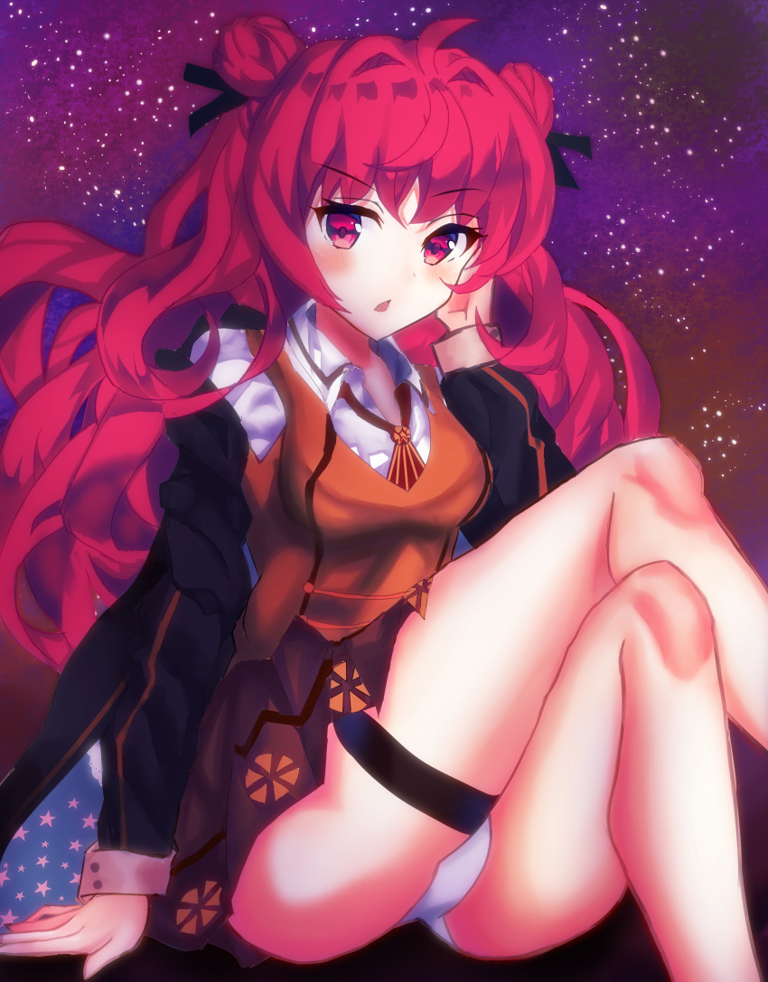 1girl absurdres ahoge arm_support ass black_ribbon crossed_legs double_bun girls_frontline hand_on_own_cheek highres kuesu legs looking_at_viewer night open_mouth panties pantyshot pantyshot_(sitting) red_eyes red_neckwear redhead ribbon sitting sky solo star_(sky) starry_sky sweater_vest tailcoat thigh_strap thighs twintails underwear wavy_hair wz.29_(girls_frontline)