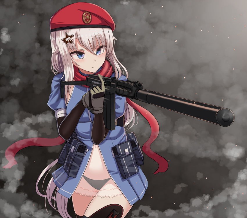 1girl 9a-91 9a-91_(girls_frontline) beret black_panties blue_dress blue_eyes closed_mouth cowboy_shot dress girls_frontline gloves gun hair_ornament hat highres holding holding_gun holding_weapon long_hair navel object_namesake panties pouch puffy_sleeves rabochicken red_headwear see-through solo standing star star_hair_ornament stomach thigh-highs underwear v-shaped_eyebrows weapon white_hair