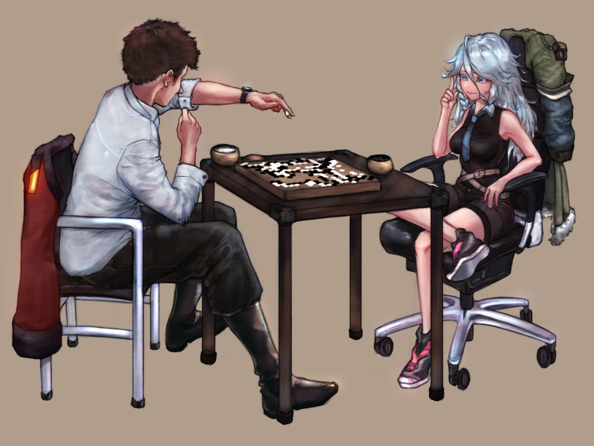 1boy 1girl absurdres belt blue_eyeshadow blue_hair board_game boots coat eonsang girls_frontline go highres jacket jacket_removed long_hair messy_hair necktie off_shoulder shirt shoes shorts sitting sneakers strap textless wavy_mouth white_shirt xm8_(girls_frontline)