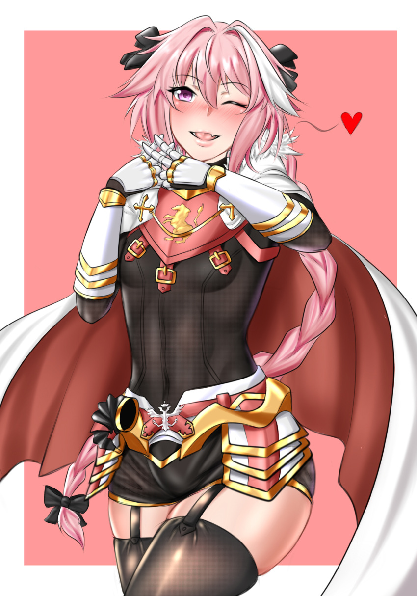 1boy astolfo_(fate) bangs bespectacled black_bow black_legwear blush bow braid cloak cloire_clover commentary eyebrows_visible_through_hair fang fate/apocrypha fate/grand_order fate_(series) fur-trimmed_cloak fur_collar fur_trim gauntlets glasses hair_between_eyes hair_bow hair_intakes hair_ribbon heart highres long_braid long_hair looking_at_viewer male_focus multicolored_hair navel open_mouth otoko_no_ko pink_background pink_hair red_heart ribbon simple_background single_braid smile solo streaked_hair thigh-highs violet_eyes white_background white_cloak white_hair