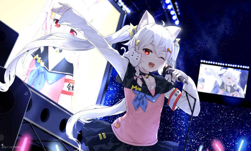 1girl ;d animal animal_ears animal_on_shoulder armband artist_name black_skirt bow braid dated fish_hair_ornament floodlights glowstick hair_bow hair_ornament highres holding holding_microphone idol long_hair long_sleeves microphone multicolored_hair one_eye_closed open_mouth original pink_bow pink_vest red_eyes redhead skirt smile snozaki speaker standing star star_hair_ornament streaked_hair television twintails very_long_hair vest white_hair