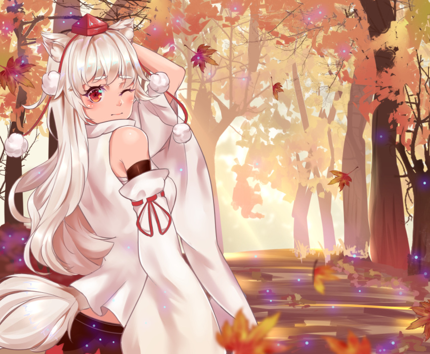 1girl alternate_hair_length alternate_hairstyle animal_ear_fluff animal_ears arm_behind_head arm_up autumn autumn_leaves bangs bare_shoulders black_skirt blush breasts chinese_commentary commentary_request cowboy_shot detached_sleeves eyebrows_visible_through_hair forest from_behind inubashiri_momiji light_particles long_hair long_sleeves looking_at_viewer looking_back medium_breasts midriff_peek nature one_eye_closed outdoors pom_pom_(clothes) red_eyes ribbon-trimmed_sleeves ribbon_trim sarashi silver_hair skirt solo standing tail tassel thick_eyebrows touhou tree vi-time wide_sleeves wolf_ears wolf_tail