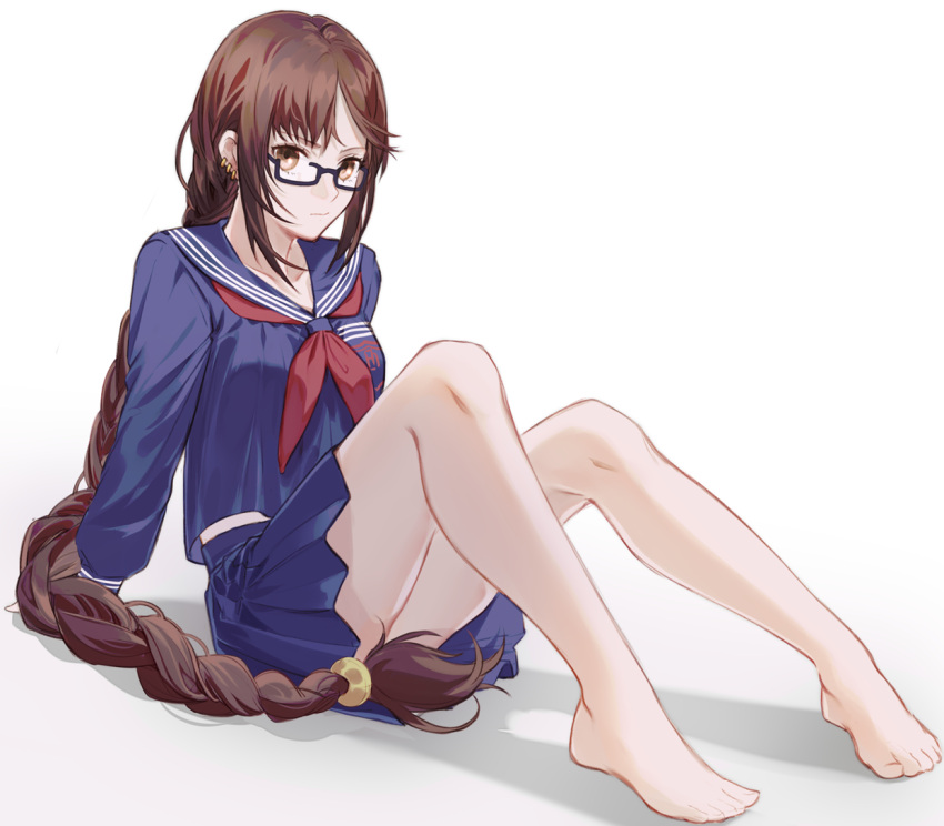 1girl arms_behind_back barefoot blue-framed_eyewear blue_sailor_collar blue_serafuku blue_shirt blue_skirt braided_ponytail brown_eyes brown_hair closed_mouth consort_yu_(fate) csyko fate/grand_order fate_(series) full_body glasses leaning_back long_hair long_sleeves looking_at_viewer miniskirt neckerchief pleated_skirt ponytail red_neckwear sailor_collar semi-rimless_eyewear shirt simple_background sitting skirt solo under-rim_eyewear very_long_hair white_background