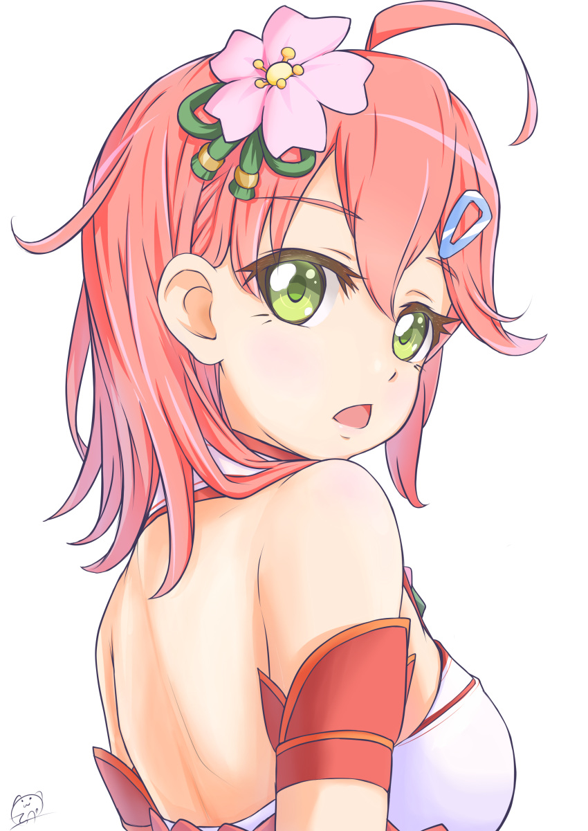 1girl absurdres ahoge armband armpits bangs bare_back bare_shoulders breasts cherry_blossoms chestnut_mouth eyebrows_visible_through_hair flower from_behind green_eyes hair_ornament hairclip highres hololive looking_at_viewer medium_hair nontraditional_miko open_mouth pink_hair sakura_miko shiny shiny_hair shoulder_blades signature solo triangle_mouth trp_556 upper_body virtual_youtuber white_background