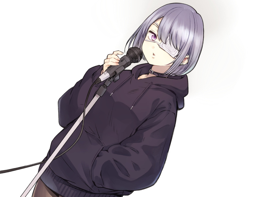 1girl black_choker chestnut_mouth choker dutch_angle ear_piercing eyepatch grey_hair hand_in_pocket highres holding holding_microphone looking_at_viewer microphone microphone_stand miya9 original pantyhose piercing short_hair simple_background solo standing violet_eyes white_background