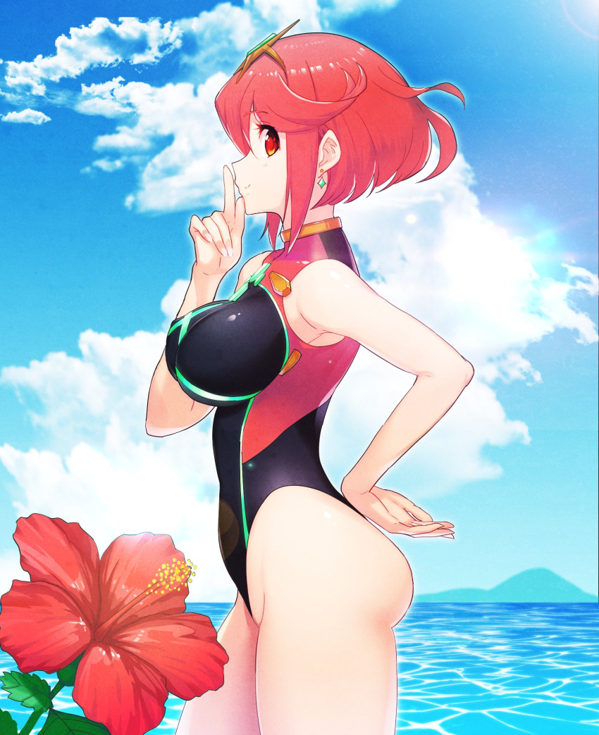 1girl ass bangs beach black_swimsuit breasts covered_navel earrings fingerless_gloves gem gloves green322 headpiece highres pyra_(xenoblade) jewelry large_breasts looking_at_viewer one-piece_swimsuit red_eyes redhead short_hair shoulder_armor solo swept_bangs swimsuit tiara water xenoblade_(series) xenoblade_2