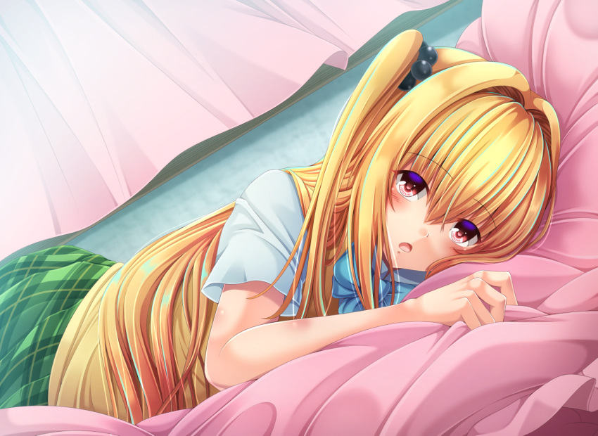 1girl bed bed_sheet blonde_hair blush curtains green_skirt hair_intakes konjiki_no_yami long_hair looking_at_viewer lying on_stomach open_mouth plaid plaid_skirt red_eyes school_uniform sheet_grab shirt short_sleeves skirt solo sweater_vest to_love-ru to_love-ru_darkness two_side_up upper_body very_long_hair white_shirt yanagi_no_ki yellow_sweater_vest