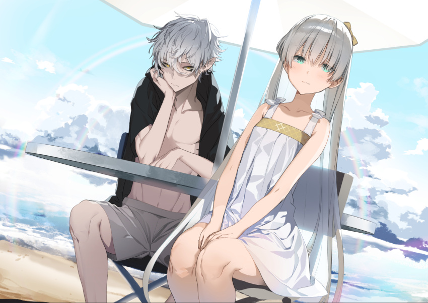 1boy 1girl :3 akinashi_yuu alternate_costume alternate_hairstyle anastasia_(fate/grand_order) aqua_eyes bags_under_eyes bangs bare_chest bare_legs beach black_shirt bow brown_bow chair clouds cloudy_sky collarbone dress ear_piercing elbows_on_table eyebrows_visible_through_hair fate/grand_order fate_(series) folding_chair grey_shorts hair_over_one_eye hand_on_own_cheek kadoc_zemlupus legs_together long_hair looking_at_viewer navel ocean pale_skin piercing pointy_ears sand shirt shorts silver_hair sitting sky smile sundress table twintails umbrella very_long_hair white_dress yellow_eyes