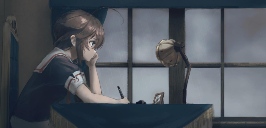 1girl ahoge bangs braid brown_hair chair chin_rest closed_mouth curtains desk desk_lamp from_side hara_shoutarou highres holding holding_pen indoors kantai_collection lamp long_hair pen picture_frame rain red_neckwear remodel_(kantai_collection) sailor_collar school_uniform serafuku shigure_(kantai_collection) short_sleeves single_braid sitting solo window