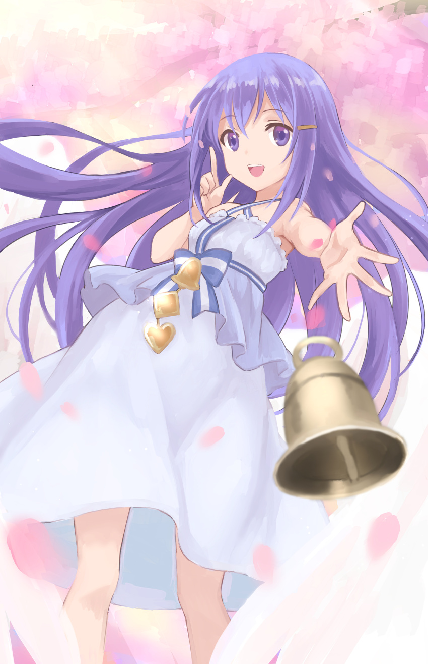 1girl :d absurdres bare_shoulders bell bellringer_angel belt blue_bow bow dress hair_ornament hairclip halo halterneck hand_up highres index_finger_raised long_hair looking_at_viewer open_mouth outstretched_hand pink_background purple_hair shadowverse shiri_(kotatsutablet) smile solo striped striped_bow violet_eyes white_dress