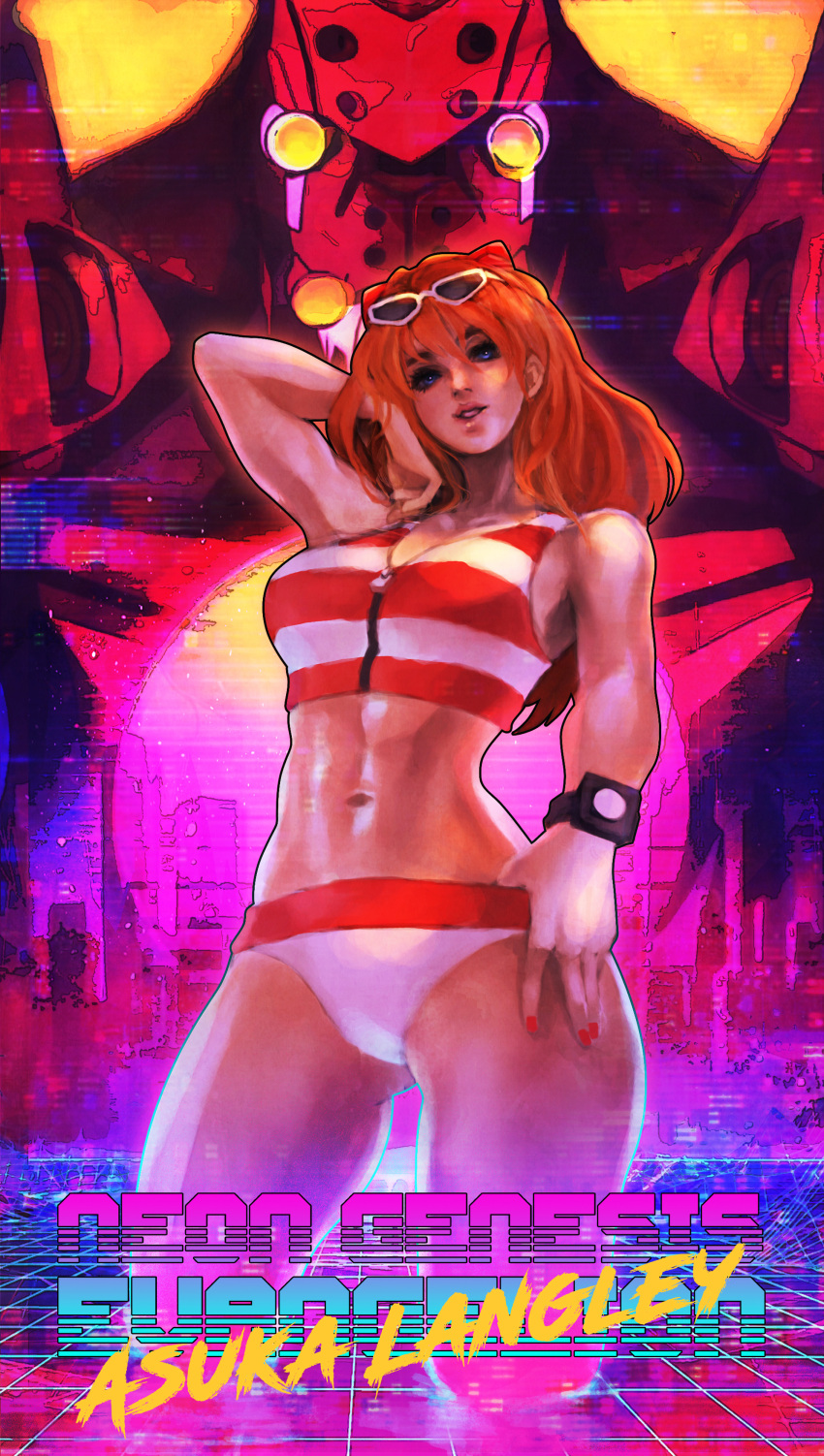 1girl 90s abs absurdres arm_up ass_visible_through_thighs blue_eyes breasts character_name contrapposto copyright_name cropped_legs eva_02 eyeshadow eyewear_on_head gainax hairpods hand_in_hair head_tilt highres makeup medium_breasts monori_rogue nail_polish navel neon_genesis_evangelion orange_hair pinup realistic red_nails red_swimsuit solo_focus souryuu_asuka_langley standing sunglasses swimsuit tankini thick_thighs thighs toned vaporwave watch white_swimsuit zipper