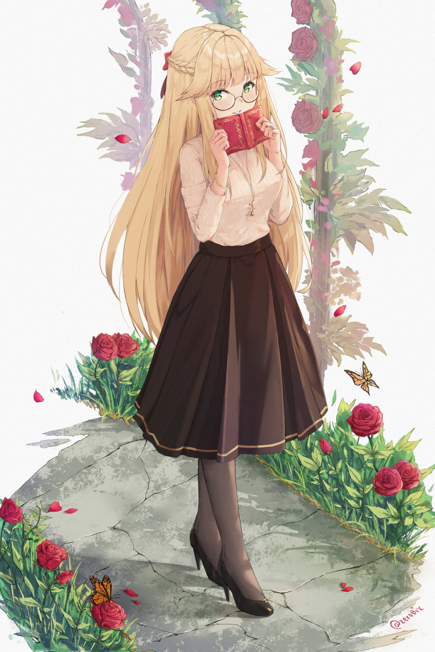 1girl absurdres aurora_(f10)_(azur_lane) azur_lane bangs black_legwear black_skirt blonde_hair blush book braid breasts bug butterfly envyvanity eyebrows_visible_through_hair flower french_braid full_body glasses green_eyes hair_flaps hair_ribbon high_heels highres holding holding_book insect jewelry long_hair long_sleeves looking_at_viewer medium_breasts necklace parted_lips petals red_flower red_ribbon red_rose ribbon ring rose side_braid skirt smile solo standing sweater twitter_username very_long_hair wedding_ring