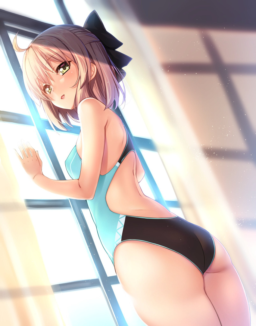 1girl against_window ahoge alternate_costume ass bare_arms bare_shoulders blurry blush breasts commentary_request competition_swimsuit contemporary cowboy_shot curtains depth_of_field eyebrows_visible_through_hair fate/grand_order fate_(series) from_behind from_below highres indoors looking_at_viewer mayuzaki_yuu multicolored multicolored_clothes multicolored_swimsuit okita_souji_(fate) okita_souji_(fate)_(all) one-piece_swimsuit parted_lips pink_lips skindentation small_breasts solo standing swimsuit thighs window yellow_eyes