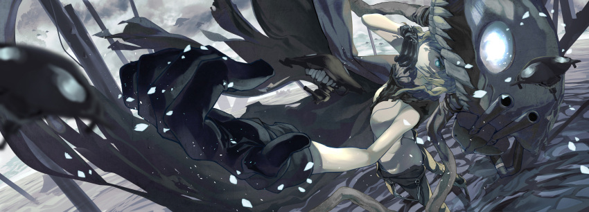 1girl absurdres blue_eyes blurry_foreground bodysuit breasts cannon cape covered_mouth enemy_aircraft_(kantai_collection) fujita_(condor) gloves glowing glowing_eyes hand_up hat headgear highres kantai_collection long_hair looking_at_viewer multiple_girls ocean outdoors pale_skin rigging short_hair solo splashing tentacles wo-class_aircraft_carrier