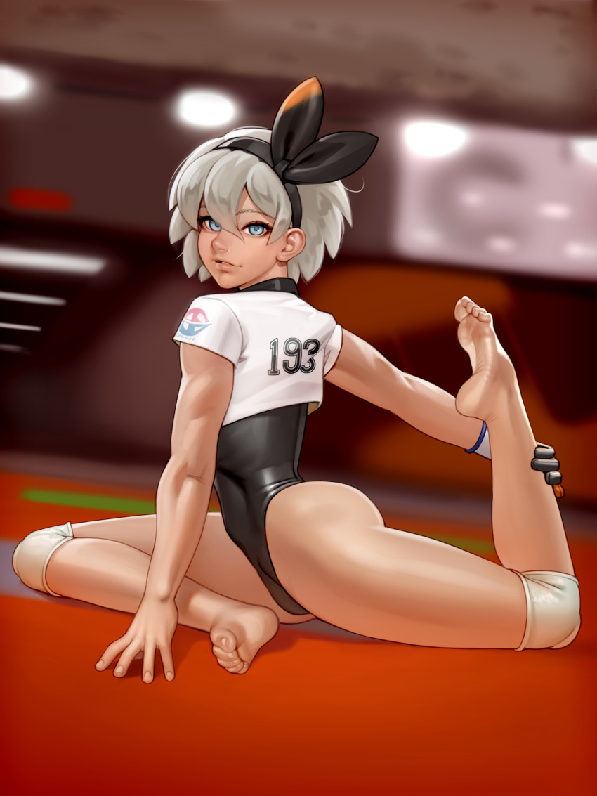 1girl absurdres ass black_leotard blue_eyes commentary crop_top english_commentary feet flexible full_body gloves grey_hair gym_leader hair_between_eyes hairband highres kairuhentai knee_pads leotard lips looking_at_viewer nose parted_lips plantar_flexion pokemon pokemon_(game) pokemon_swsh saitou_(pokemon) short_hair single_glove sitting soles solo stage_lights stretch thighs toes